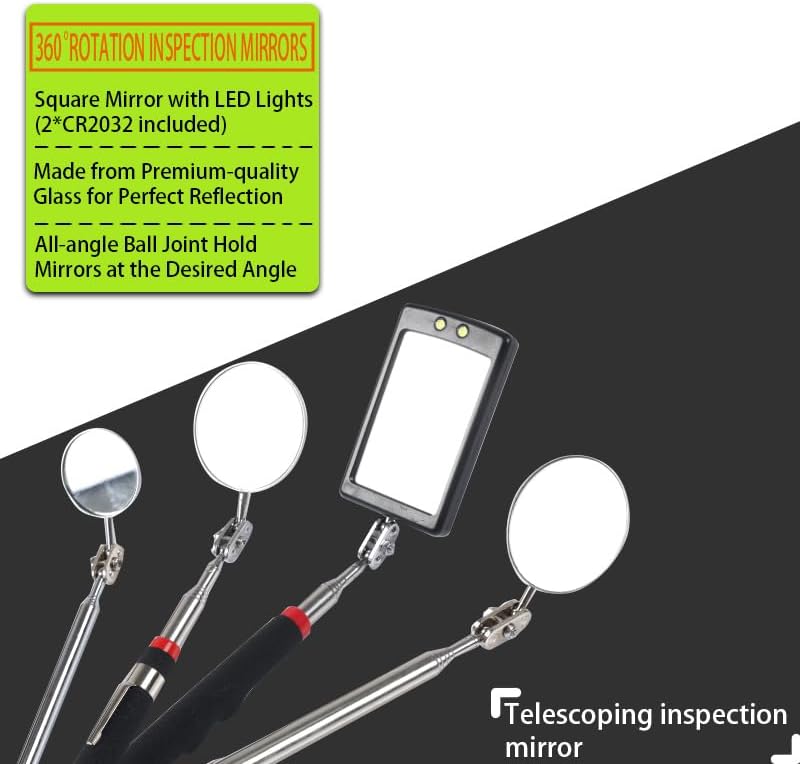 VortecSys Telescoping Magnetic Pickup Tool Set, 4Pcs Round and Square Inspection Mirror Telescoping with LED Lights, 2Pcs Magnet Stick Best Gadgets Gifts for Men - Image 2